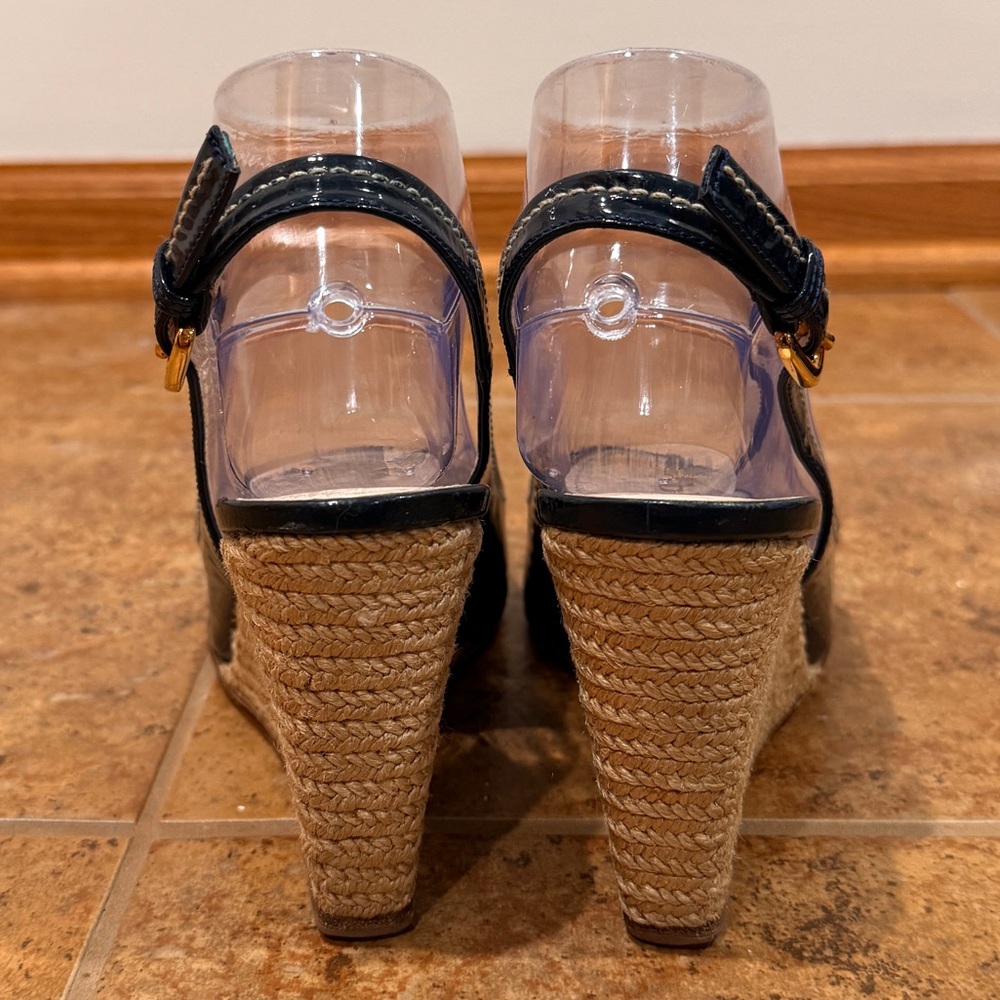 Prada Black‎ Patent Leather Peep Toe Espadrille Wedge Pumps Size 37 - Picture 8 of 14
